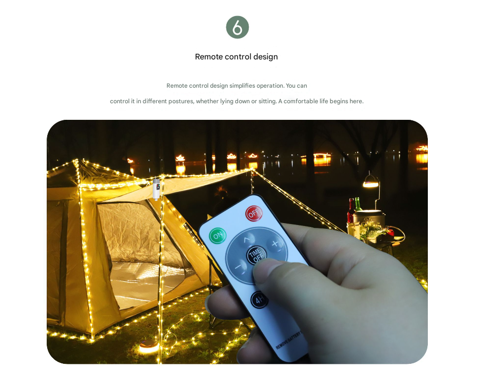 (Rugby 10m 50 lights warm white) Camping tent light kit - rechargeable power supply, spool light string, remote control