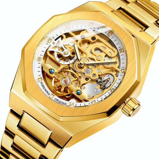 Men Automatic Mechanical Watch with Luminous Dial and Steel Band - Black Belt Black Face