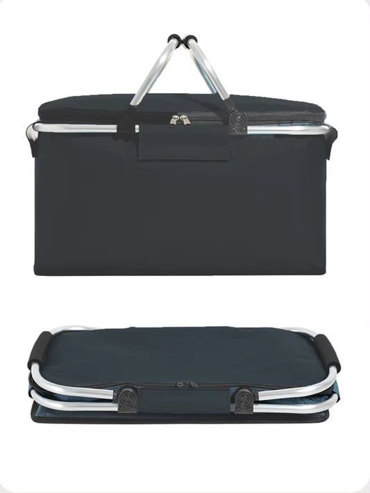 Black Portable Aluminum Foil Insulated Picnic Basket with Zipper Lid, 40x20x23cm