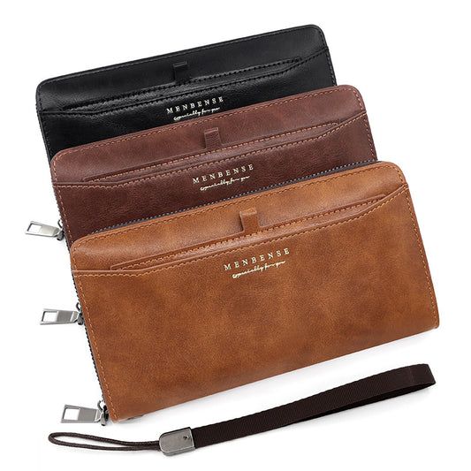 Brown 2PCS Men's Premium Long Wallet - Business PU Leather Zip Around Card Holder with Multiple Slots & Pull-Tab Design