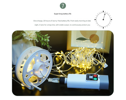 (Rugby 10m 50 lights warm white) Camping tent light kit - rechargeable power supply, spool light string, remote control
